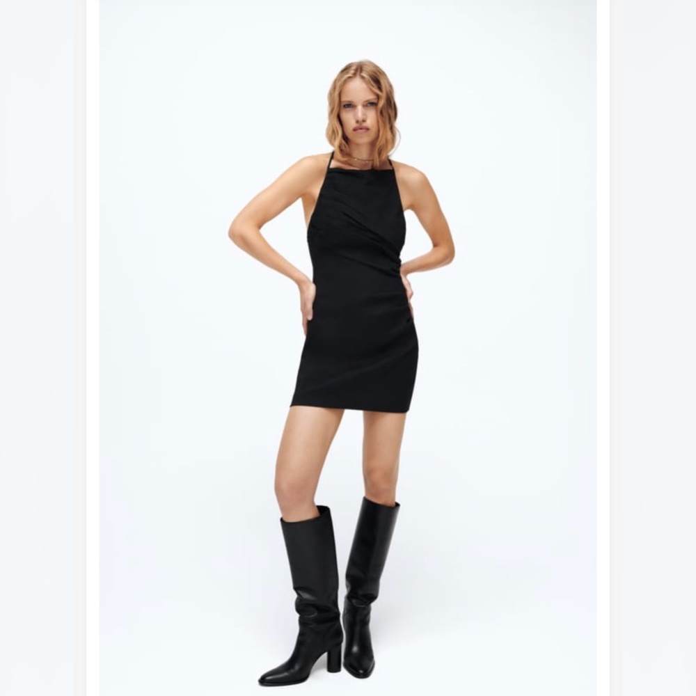 Zara Draped Linen Blend Bottle Black Mini Dress Size XS Blogger Favorite